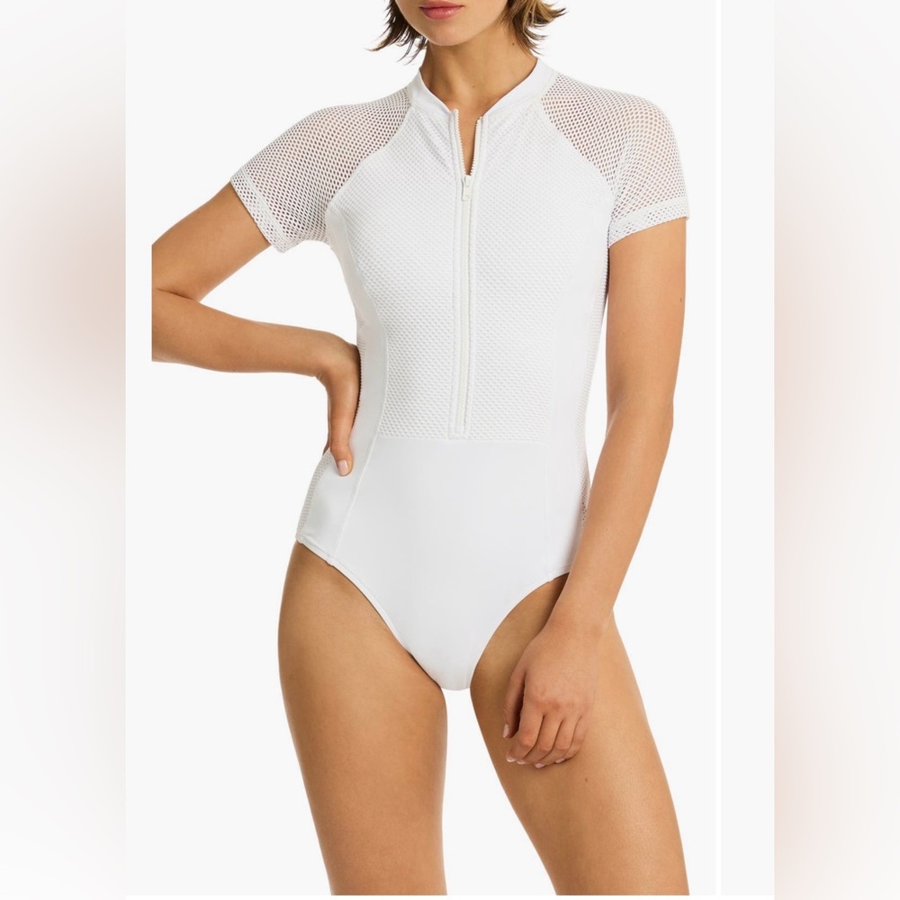 Sea Level Drift Shore Sleeve Front Zip One Piece Swimsuit, 10